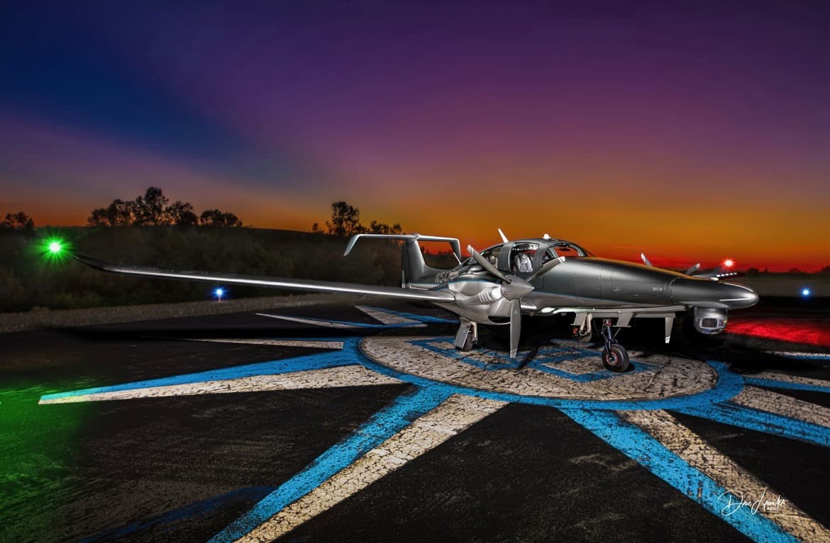 Diamond DA62 MPP on the ramp at sunset